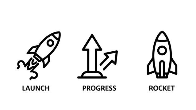 Launch progress rocket icons illustrating startup development project initiative business growth with progress development initiative business innovation ambition beginning acceleration