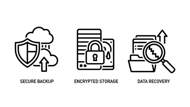 Secure data backup encrypted storage digital information recovery icons for cybersecurity with internet security line art security encrypted recovery protection information internet technology