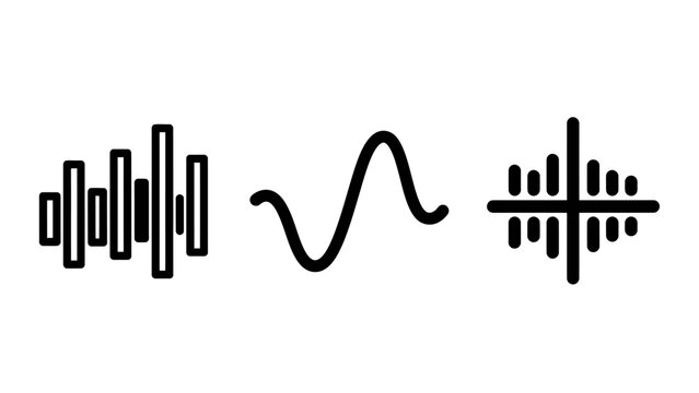 Set of black and white sound wave icons representing audio frequencies signal processing music rhythm on a white background frequency equalizer acoustic vibration electronic technology