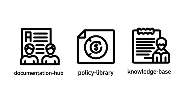 Set of business information management icons featuring documentation hub policy library knowledge base symbols for corporate data organization and professional storage systems documentation