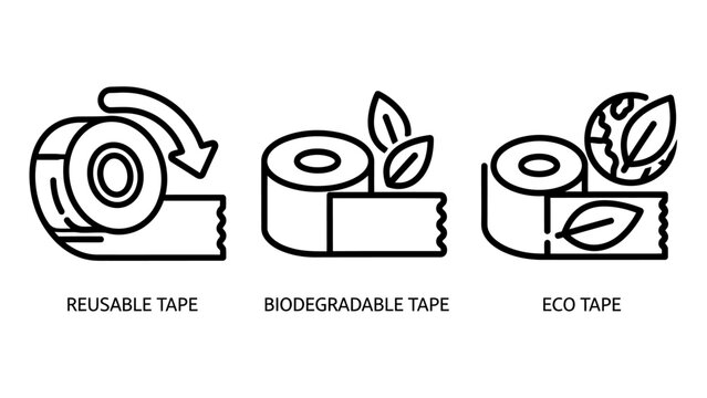 Sustainable adhesive tape icons for reusable biodegradable and eco-friendly packaging solutions with friendly sustainable adhesive reusable biodegradable packaging environment reduction