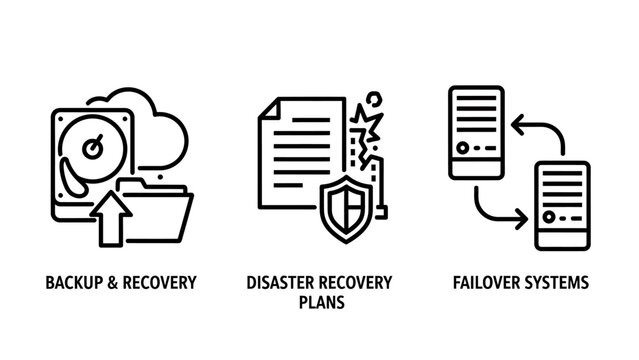 Data management icon set representing backup and recovery disaster recovery plans and server failover systems for business continuity with recovery disaster failover protection technology