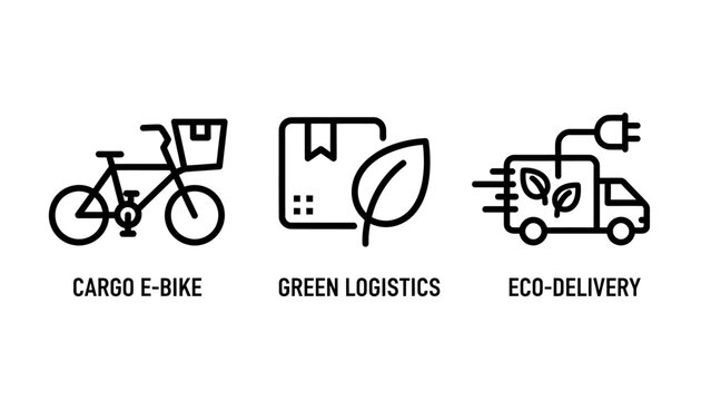 Eco friendly logistics icon set featuring cargo e-bike green delivery box and electric van for sustainable transport and business operations supply chain carbon neutral logistics ecodelivery