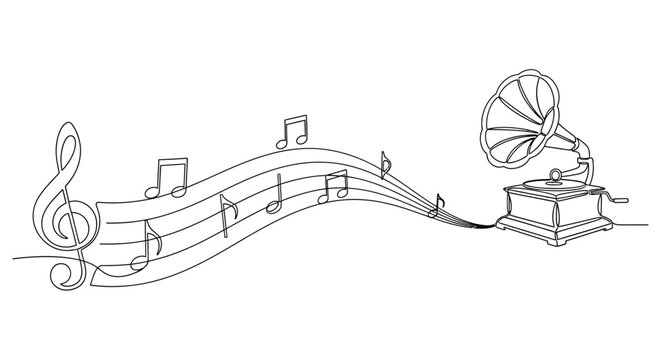 Vintage gramophone phonograph with musical notes staff line art illustration