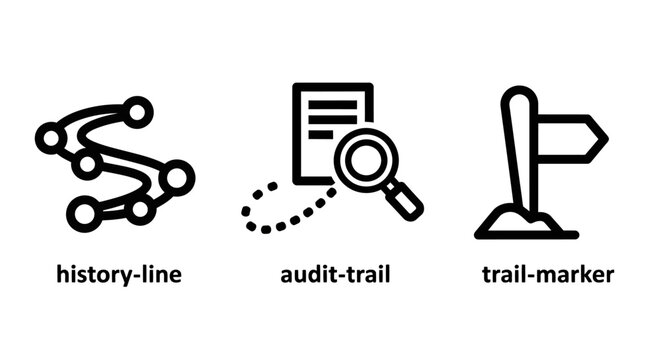 Set of procedural tracking and auditing linear icons featuring a history line path a document audit trail with magnifying glass a directional trail marker tracking document investigation