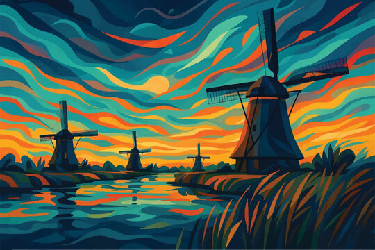 Kinderdijk windmills Netherland views contemporary creative digital art style  illustration