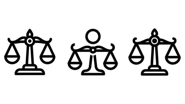 Law and justice scales of equality icons set for legal representation with equality judgment fairness weighing government legislation attorney decision courtroom regulation administration