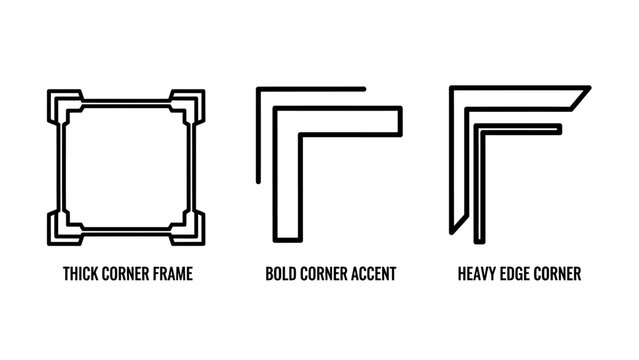 Set of three distinct corner frame and border design elements with corner accent graphic design vector art design assets cornerpiece decoration abstract illustration ornament template