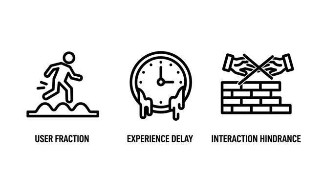 Set of user interface design and software interaction thin line icons illustrating common user experience problems with interaction interface problems software experience usability navigation
