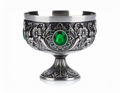 Ethereal silver chalice with green emeralds isolated on white background