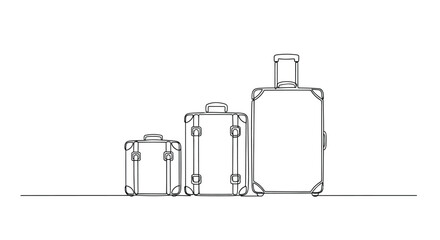 Three vintage travel suitcases continuous line art with suitcase, vacation
