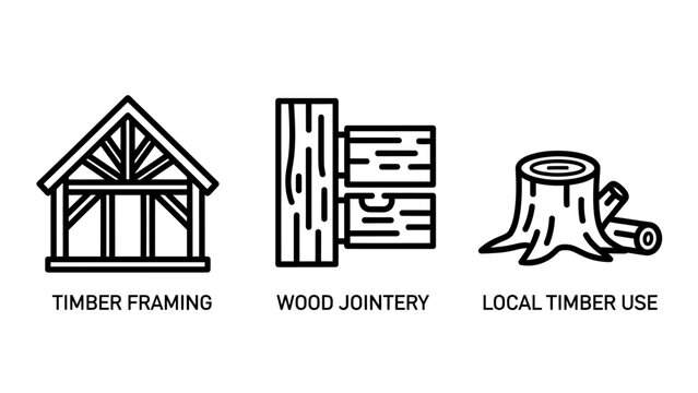 Construction and forestry icon set showing timber framing wood joinery local timber use forestry construction carpentry building architecture industry sustainable material structure