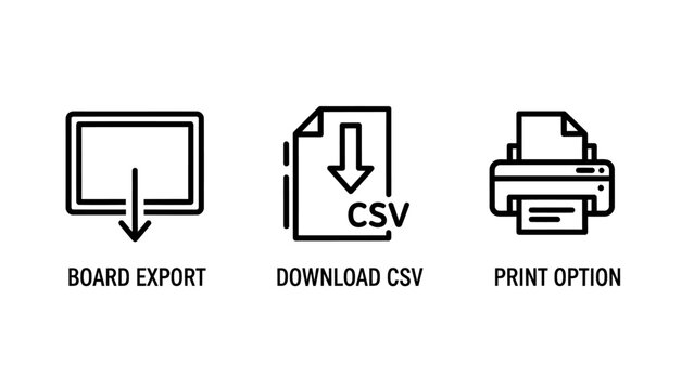 Data management export download and print utility icons with download management document technology interface computing workflow transfer information processing business software