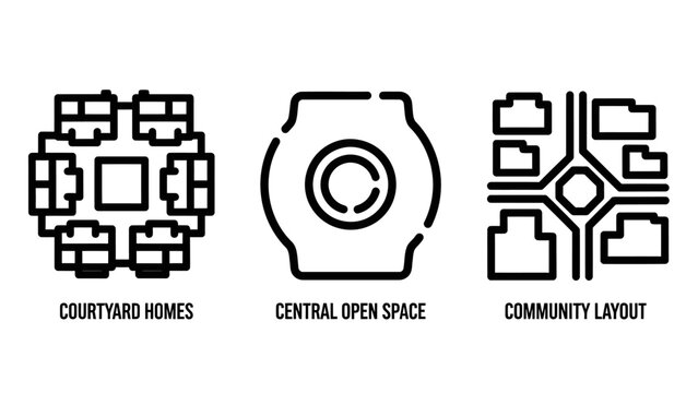 Architectural planning and urban design icons collection with courtyard architecture planning development residential building structure landscape community infrastructure construction