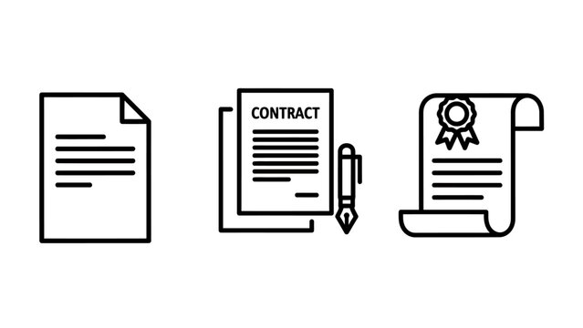 Legal documentation and contract agreement icons set with document contract agreement certificate signature business official template clerical corporate protocol application information