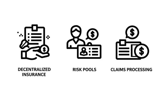 Decentralized finance insurance and risk management icons with insurance decentralized blockchain processing business security protection management contract financial technology identity