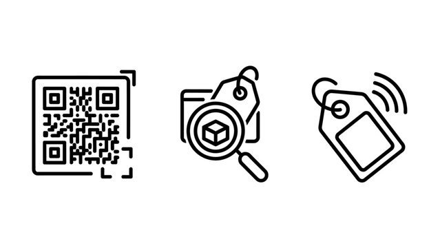 Data and product tagging icons qr code and labeling with scanning tracking identification inventory management technology information commerce logistics magnifying analysis wireless