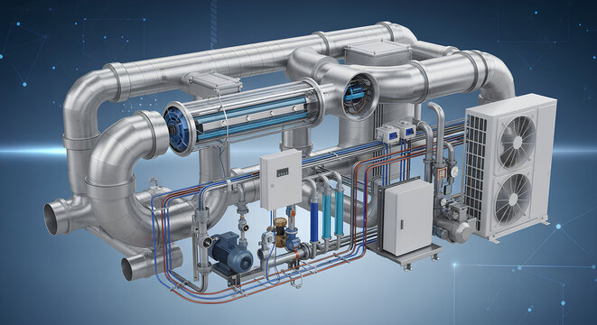 Detailed illustration of complex industrial machinery and equipment.