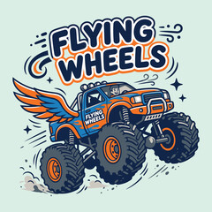 Monster truck with wings flying in the air for kids t-shirt print design © MdAnisul