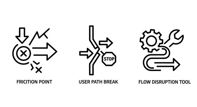 Ux design friction and flow disruption icon set for digital interfaces with disruption friction interface usability experience maintenance navigation optimization blocking improvement