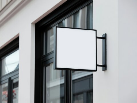 Blank square signage mockup on a white building facade with black window frames
