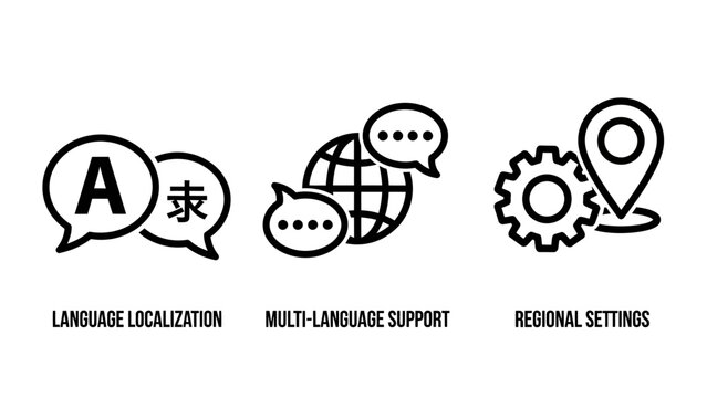 Set of globalization and localization icons for software settings with language localization translation multilingual regional settings location software interface communication configuratio