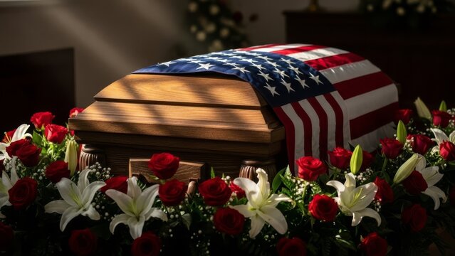 A somber oak casket draped with an American flag rests surrounded by funeral flowers in a dimly lit church.  A fallen hero remembered and honored with respect and solemnity.