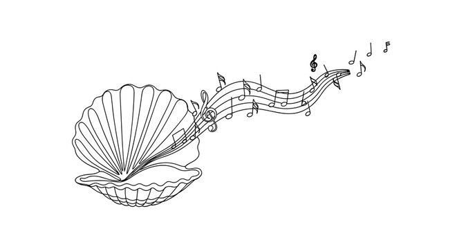 A minimalist single-line illustration depicts an open seashell releasing a flow of musical notes across a plain white surface with elegant and delicate artistic strokes.