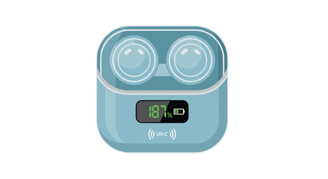 A light blue portable sanitizing case displays a digital battery percentage of 187 percent on a small screen within a clean and minimalist white background setting.