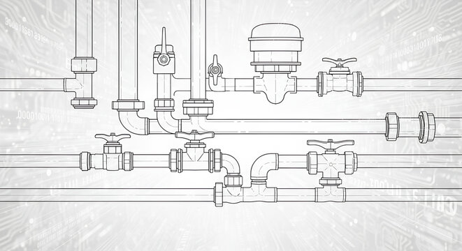 Detailed illustration of plumbing pipes and valves in a technical drawing.