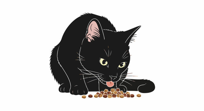 A black cat with yellow eyes eats brown kibble on a white background