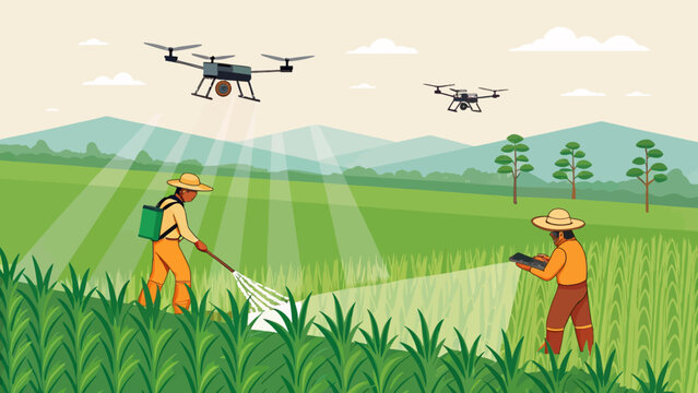 Farmers using drones for spraying crops in a field modern agriculture technology concept agriculture technology spraying equipment pesticide insecticide herbicides fertilizer distribution