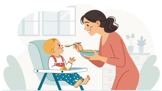 Mother feeding baby with a spoon from a bowl in a high chair concept of baby food and healthy eating illustration mealtime domestic lifestyle parenting colorful