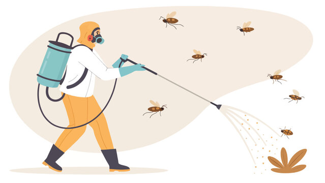 Pest control worker spraying insecticide on flying insects in a home with protective clothing gas mask hazmat suit flat design bug spray spraying insecticide exterminator chemicals cleaning