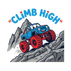Cute cartoon blue monster truck climbing up a rocky mountain with text © MdAnisul