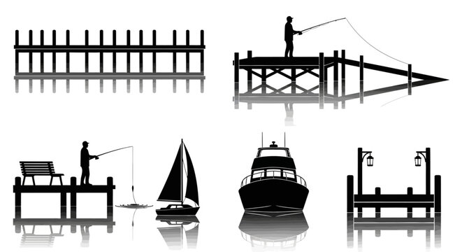 Fishing dock silhouettes, boat and fence, water scenery, outdoor background