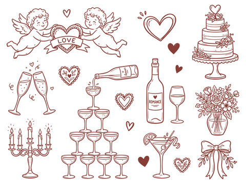 "Wedding and Celebration Doodle Set &ndash; Cake, Champagne, Angels & Romantic Icons for Party and Event Designs"