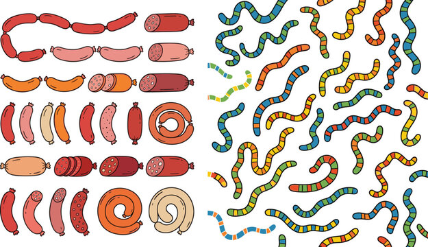 Sausage Links Salami Collection and Colorful Striped Gummy Worm Pattern Featuring Playful Crawling Elements for Whimsical Graphic Vector Designs