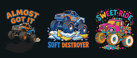 Set of three colorful monster truck illustrations with fun typography © MdAnisul
