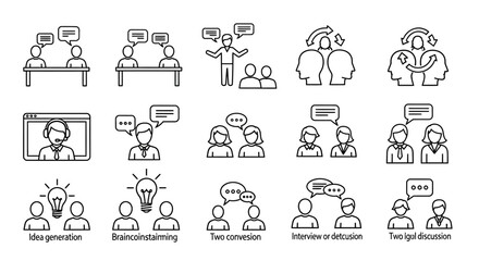 Fototapeta premium Black and white line art icons of people communicating and collaborating, teamwork concept, business background