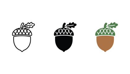 Acorn with leaf icons in three styles including outline solid and colored vector designs for autumn and nature inspired branding © Pure
