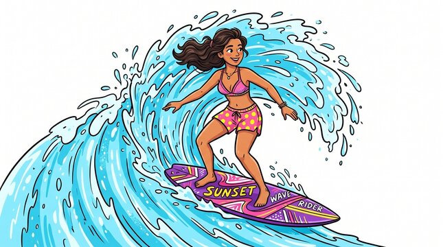 Woman surfing on a vibrant purple board with sunset wave in a summer lifestyle scene