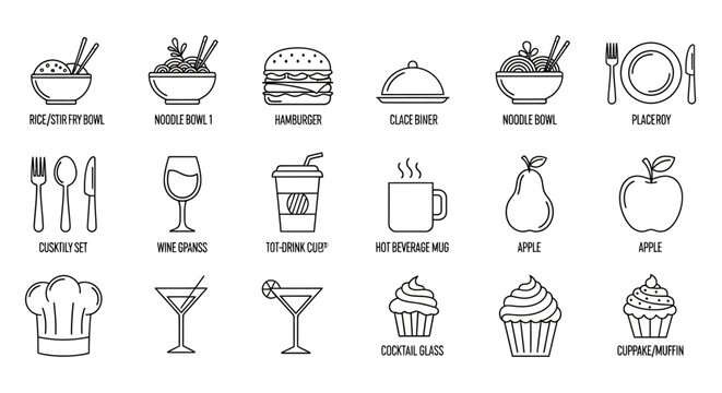 Restaurant food icons, flat line style, menu symbols, culinary concept, background