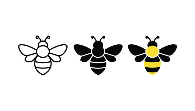 Bumble bee nature icons showing flying insect symbols in linear solid and color styles for biology and environment design projects