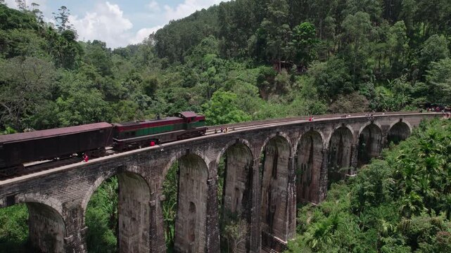 Nine Arches Bridge in lush jungle, Ella, Sri Lanka. Aerial View