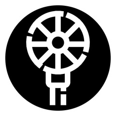 Obraz premium Modern abstract graphic artwork featuring a white geometric wheel symbol with spokes and a handle like base, creating a strong contrast on a dark circular background