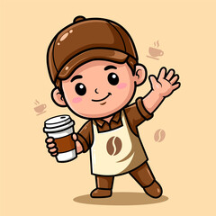 Cute cartoon barista boy holding coffee cup waving © Oudin_store
