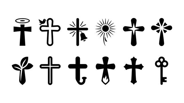 Religious cross icons: halo dove bell sun rays flower flame key with religious spirituality christianity