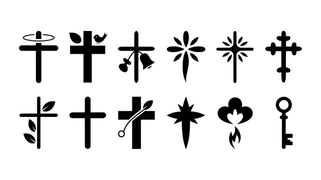 Religious cross icons: halo dove bell sunburst flower flame key with religious sunburst spirituality