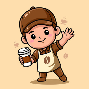 Cute cartoon barista boy holding coffee cup waving